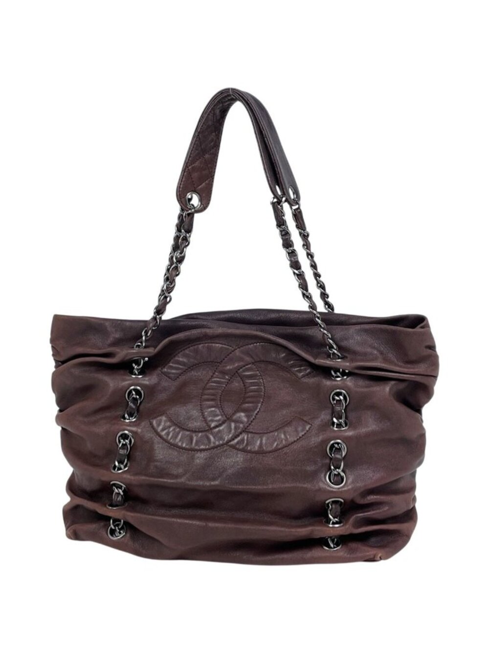 Chanel CC Logo Chain Tote Shoulder Bag Leather Brown